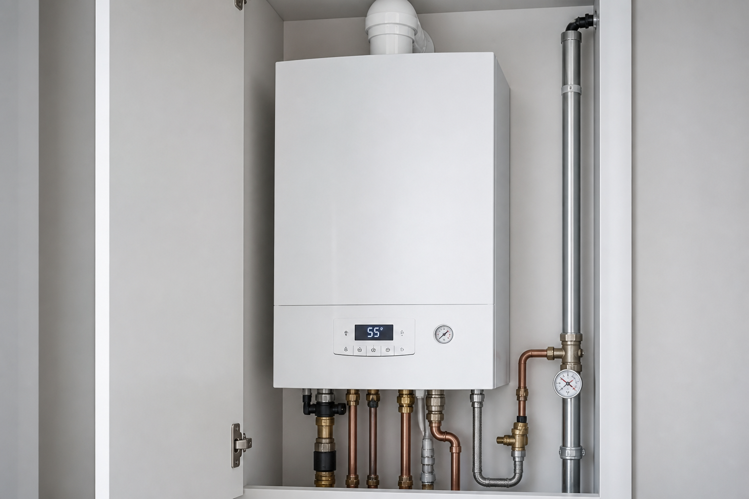 Modern white wall-mounted condensing boiler with pipework in a utility cupboard