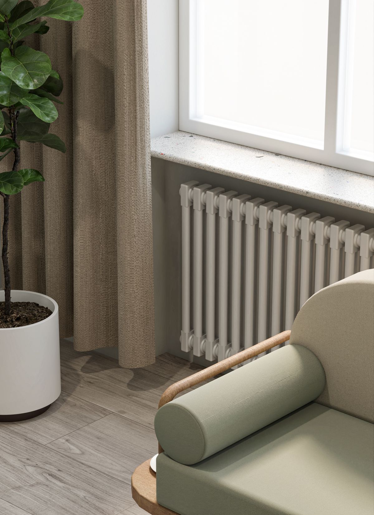 White column radiator beneath a window in a modern living room