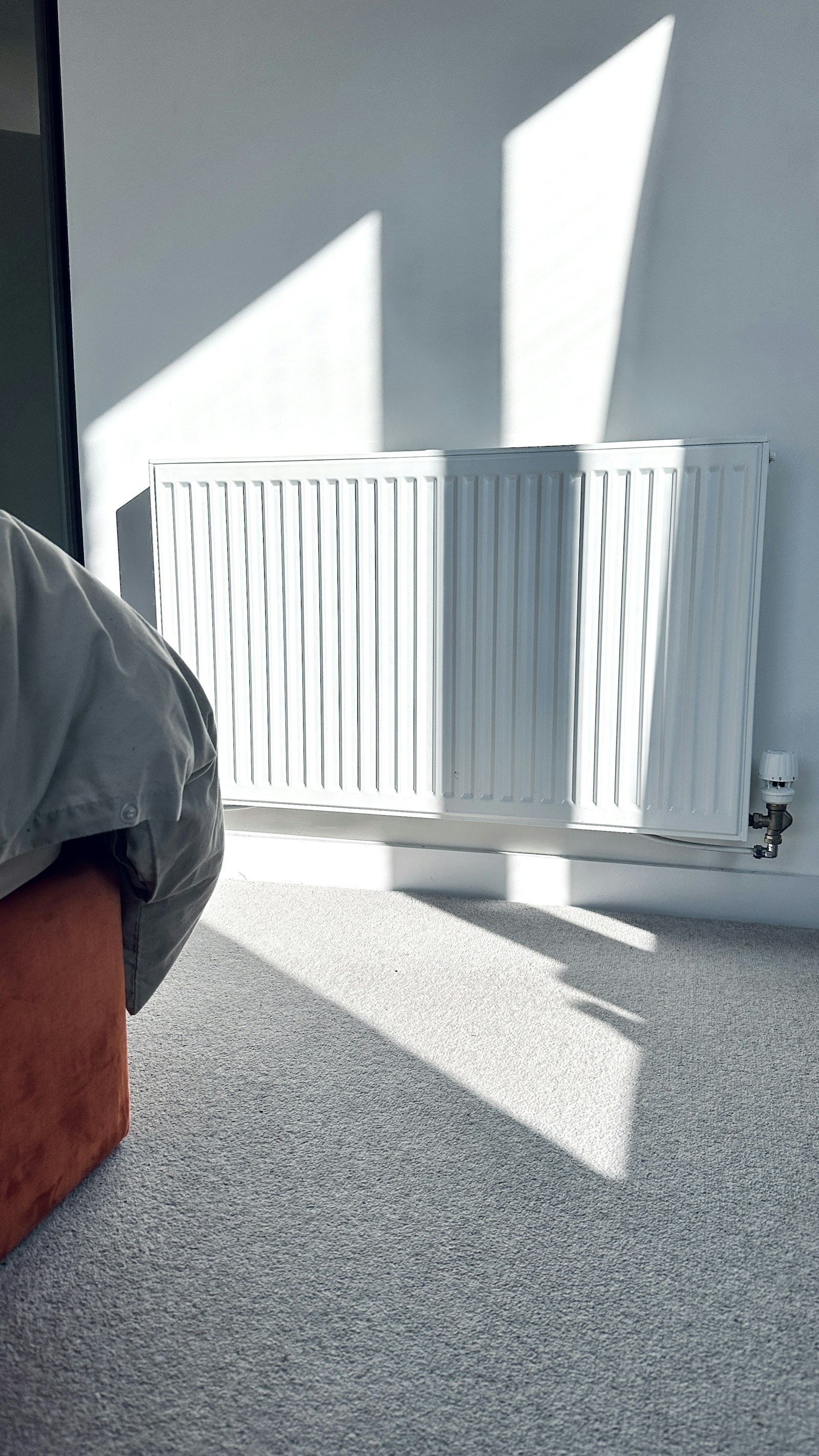 Modern white panel radiator wall-mounted in a bright room