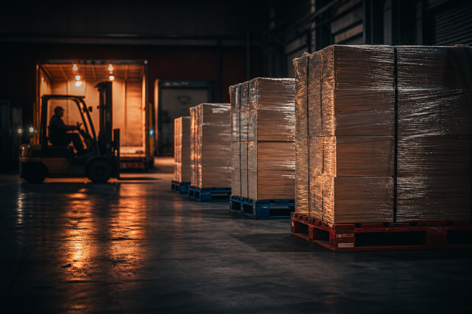 Stacks of colour-sorted wooden pallets ready for dispatch